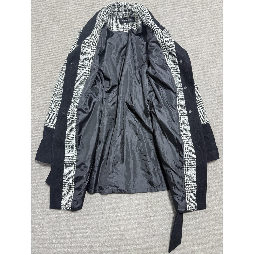 Black Rivet‎ Coat Womens Medium Black White Wool Blend Belted Peacoat Plaid - Picture 6 of 9